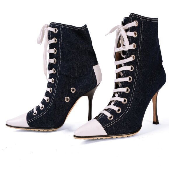Manolo Blahnik “Sneaker Boot” Denim Lace-Up Ankle Boots - Size 37 - Picture 2 of 5